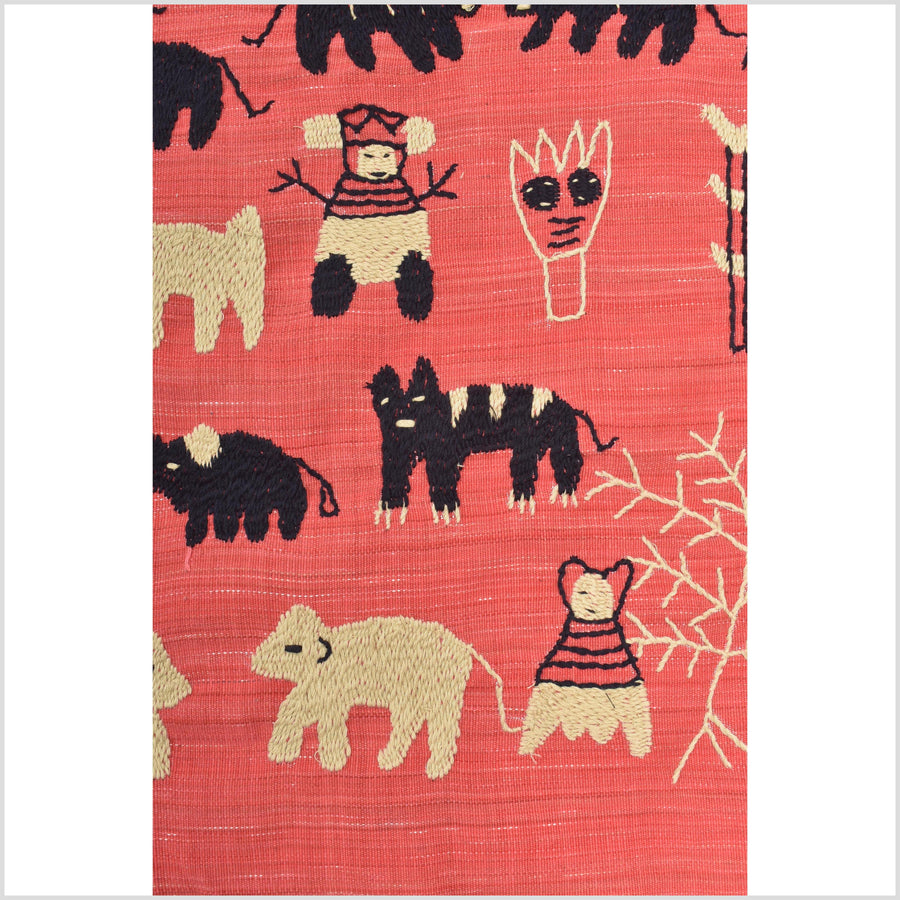 Pale pink tomato red special Naga tribal textile cotton story quilt, animals, totems, boho hilltribe tapestry Thailand India ii117