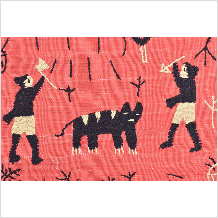Pale pink tomato red special Naga tribal textile cotton story quilt, animals, totems, boho hilltribe tapestry Thailand India ii117