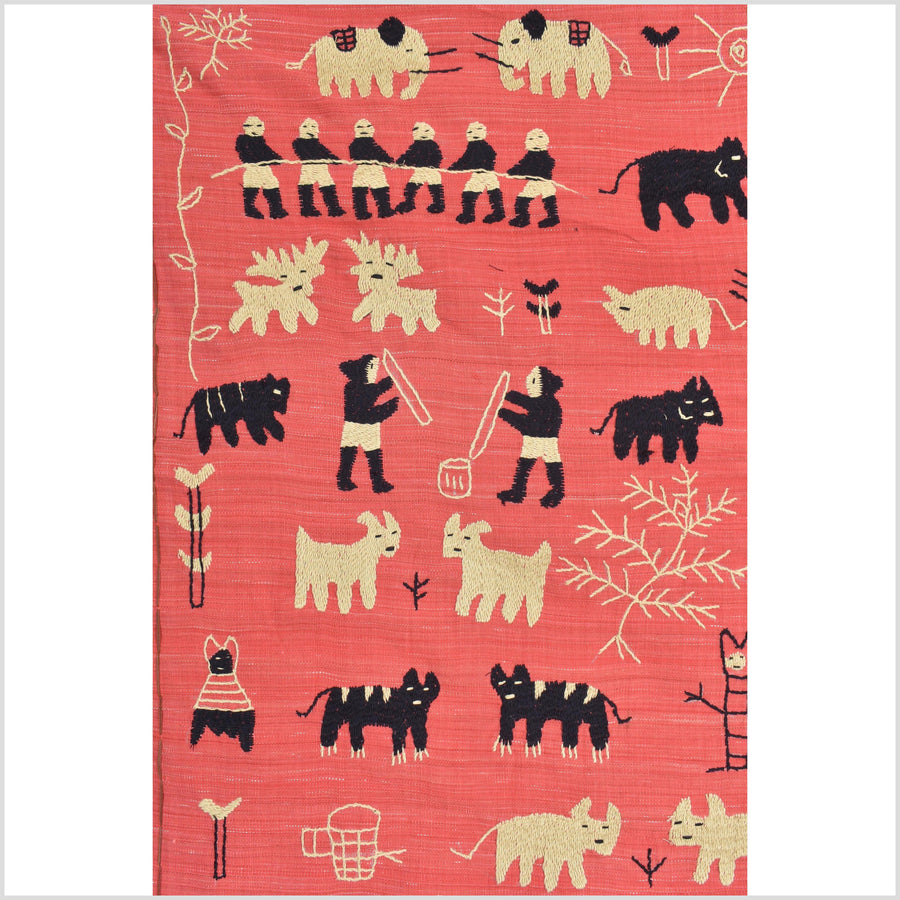 Pale pink tomato red special Naga tribal textile cotton story quilt, animals, totems, boho hilltribe tapestry Thailand India ii117