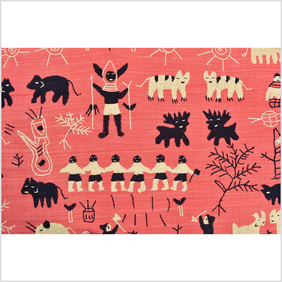 Pale pink tomato red special Naga tribal textile cotton story quilt, animals, totems, boho hilltribe tapestry Thailand India ii117