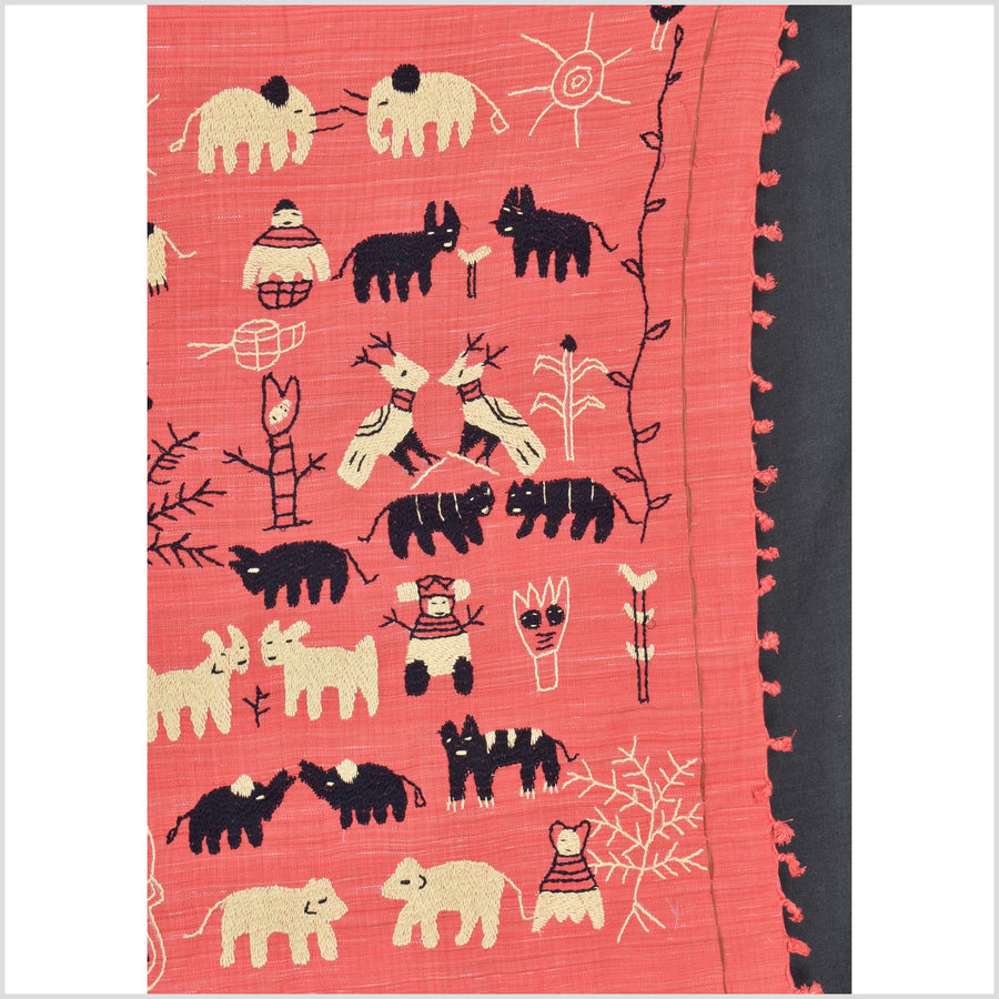 Pale pink tomato red special Naga tribal textile cotton story quilt, animals, totems, boho hilltribe tapestry Thailand India ii117