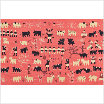 Pale pink tomato red special Naga tribal textile cotton story quilt, animals, totems, boho hilltribe tapestry Thailand India ii117