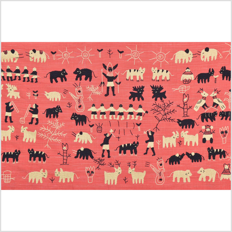Pale pink tomato red special Naga tribal textile cotton story quilt, animals, totems, boho hilltribe tapestry Thailand India ii117