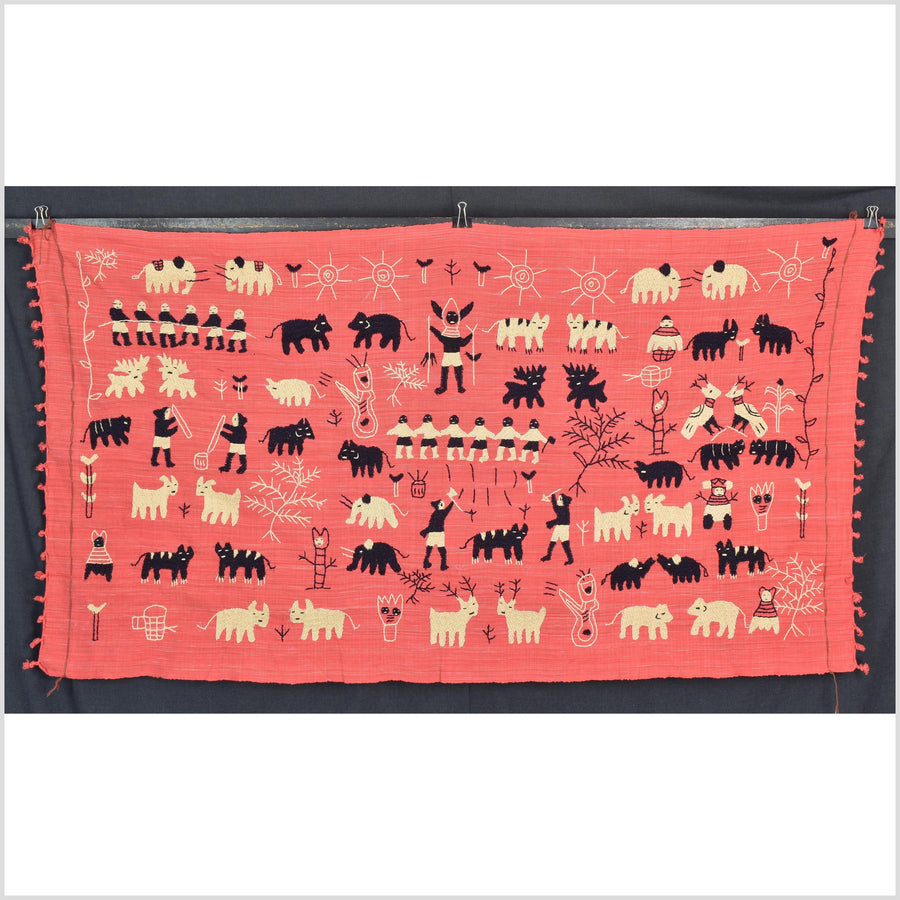 Pale pink tomato red special Naga tribal textile cotton story quilt, animals, totems, boho hilltribe tapestry Thailand India ii117
