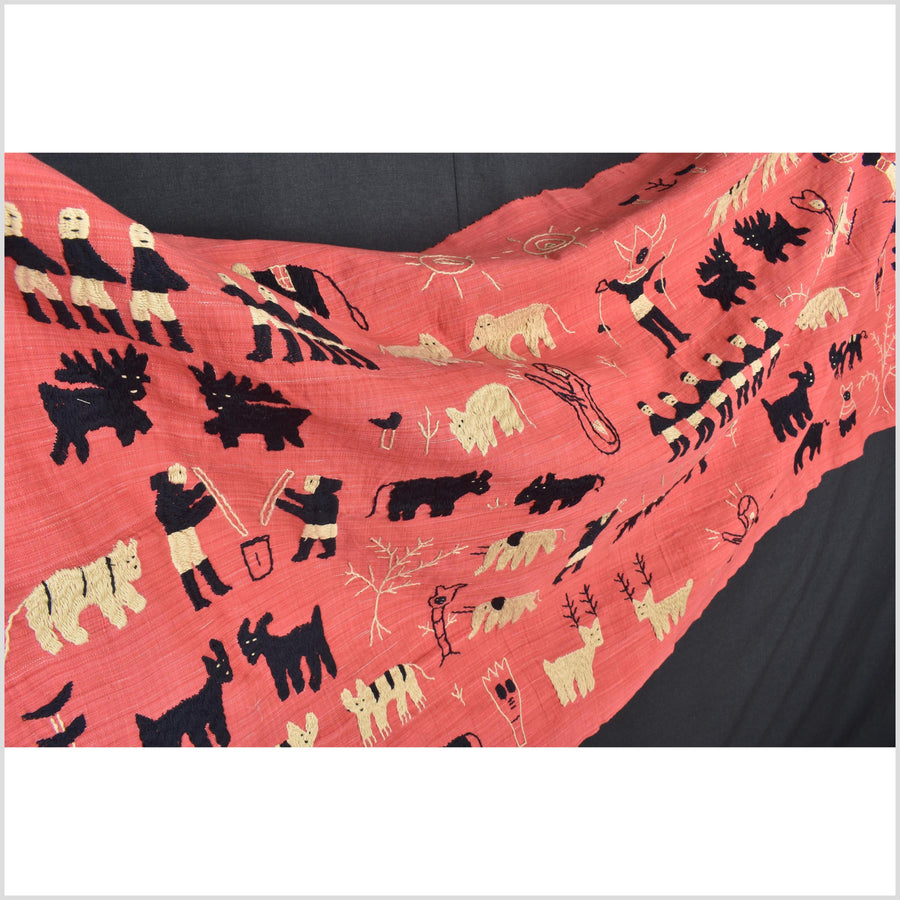 Pale pink tomato red special Naga tribal textile cotton story quilt, animals, totems, boho hilltribe tapestry Thailand India ii118