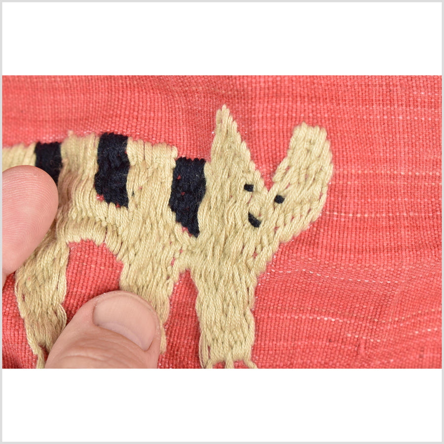 Pale pink tomato red special Naga tribal textile cotton story quilt, animals, totems, boho hilltribe tapestry Thailand India ii118