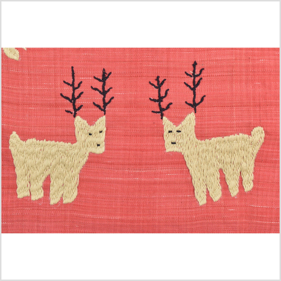 Pale pink tomato red special Naga tribal textile cotton story quilt, animals, totems, boho hilltribe tapestry Thailand India ii118