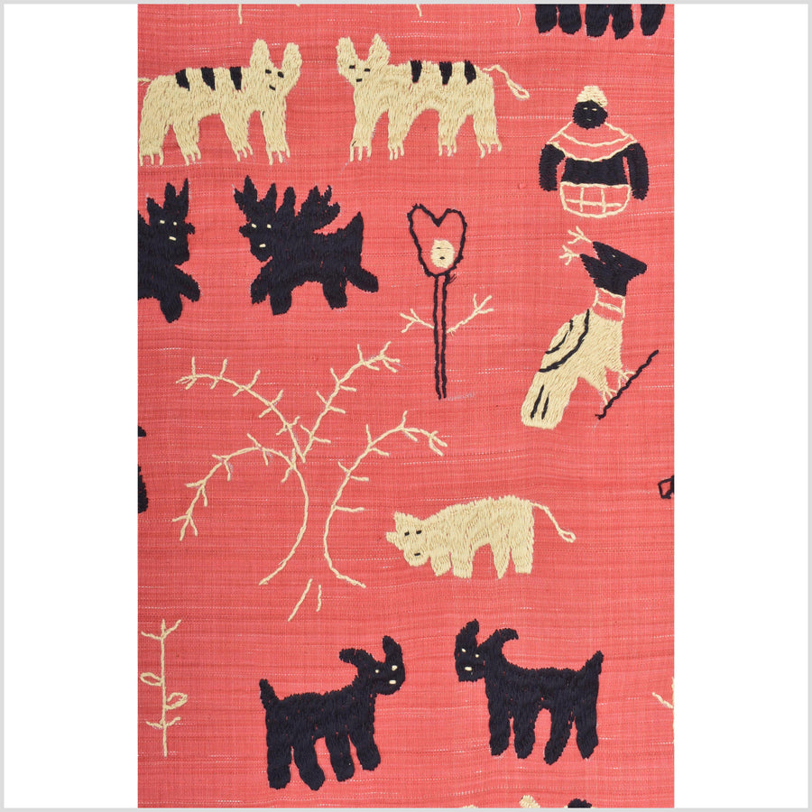 Pale pink tomato red special Naga tribal textile cotton story quilt, animals, totems, boho hilltribe tapestry Thailand India ii118