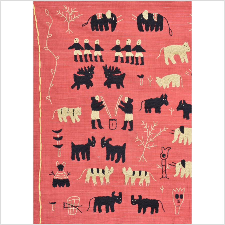 Pale pink tomato red special Naga tribal textile cotton story quilt, animals, totems, boho hilltribe tapestry Thailand India ii118