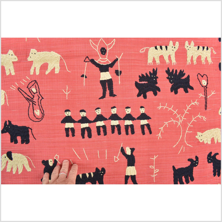 Pale pink tomato red special Naga tribal textile cotton story quilt, animals, totems, boho hilltribe tapestry Thailand India ii118