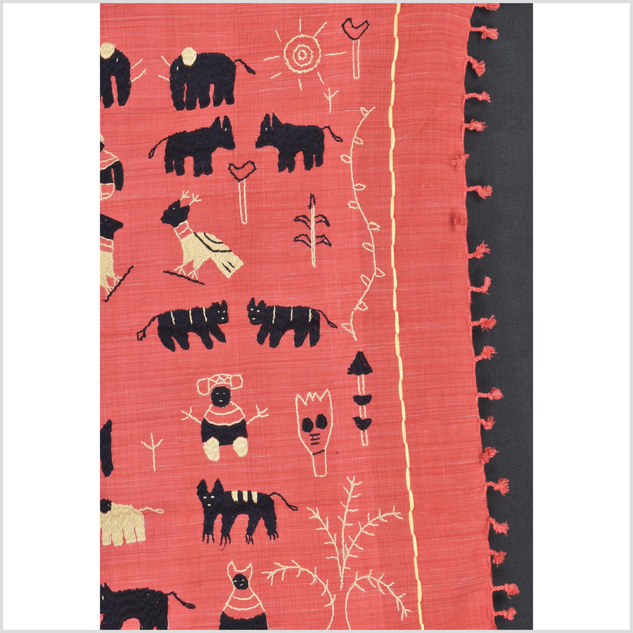 Pale pink tomato red special Naga tribal textile cotton story quilt, animals, totems, boho hilltribe tapestry Thailand India ii118