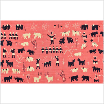Pale pink tomato red special Naga tribal textile cotton story quilt, animals, totems, boho hilltribe tapestry Thailand India ii118
