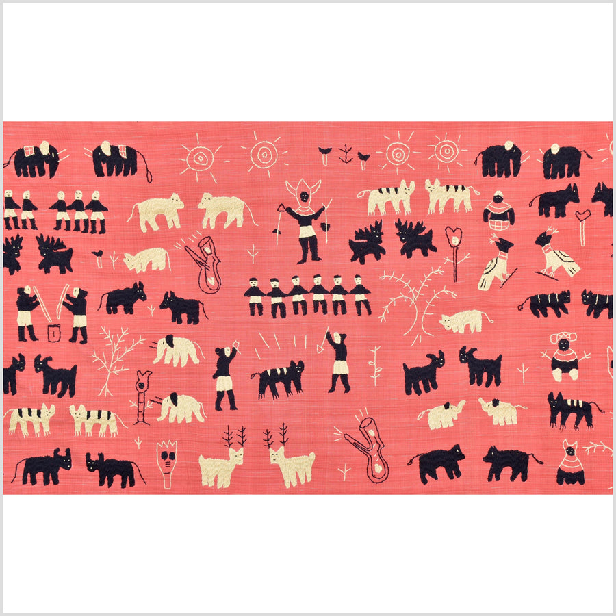 Pale pink tomato red special Naga tribal textile cotton story quilt, animals, totems, boho hilltribe tapestry Thailand India ii118