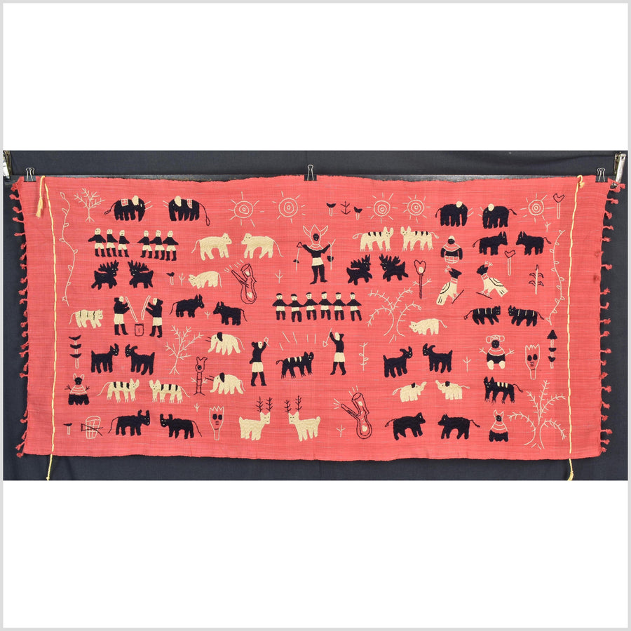 Pale pink tomato red special Naga tribal textile cotton story quilt, animals, totems, boho hilltribe tapestry Thailand India ii118