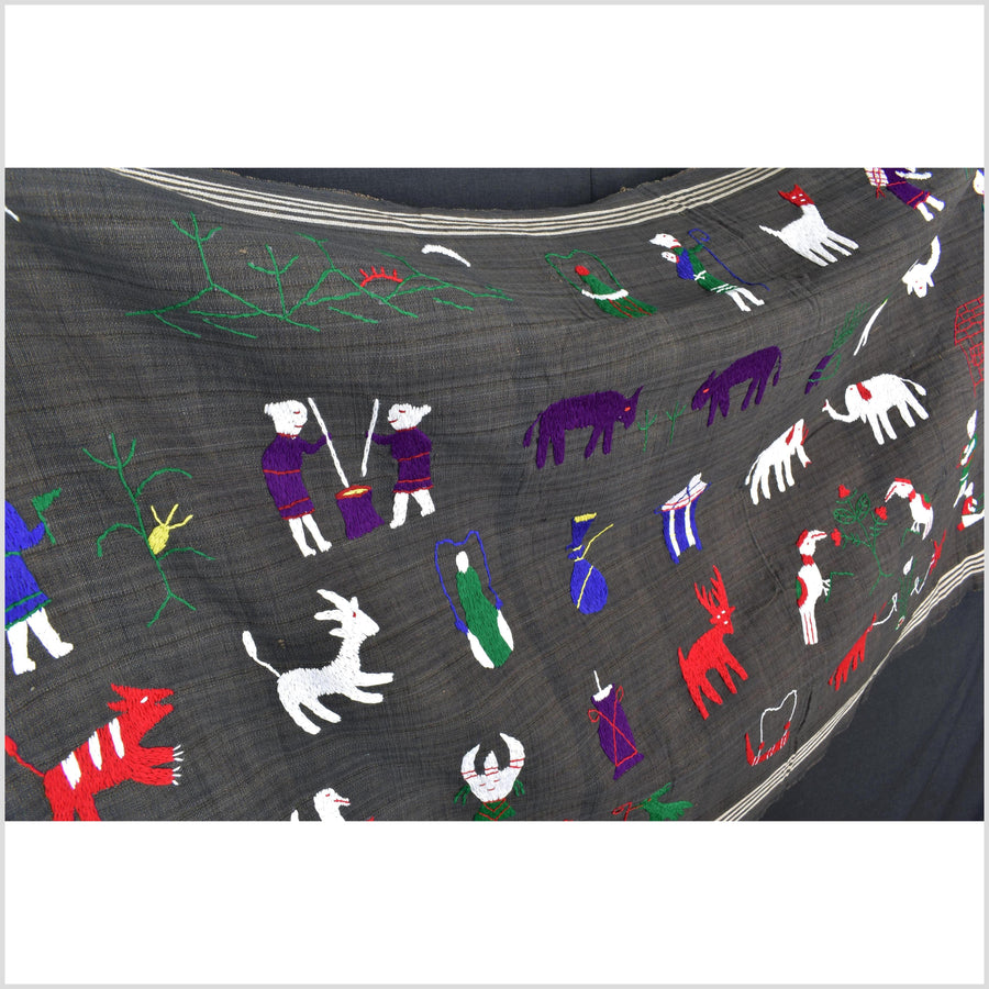 Striking black-brown cotton story quilt Naga tribal textile ethnic embroidered boho fabric Burma hill tribe tapestry Thai India ii119