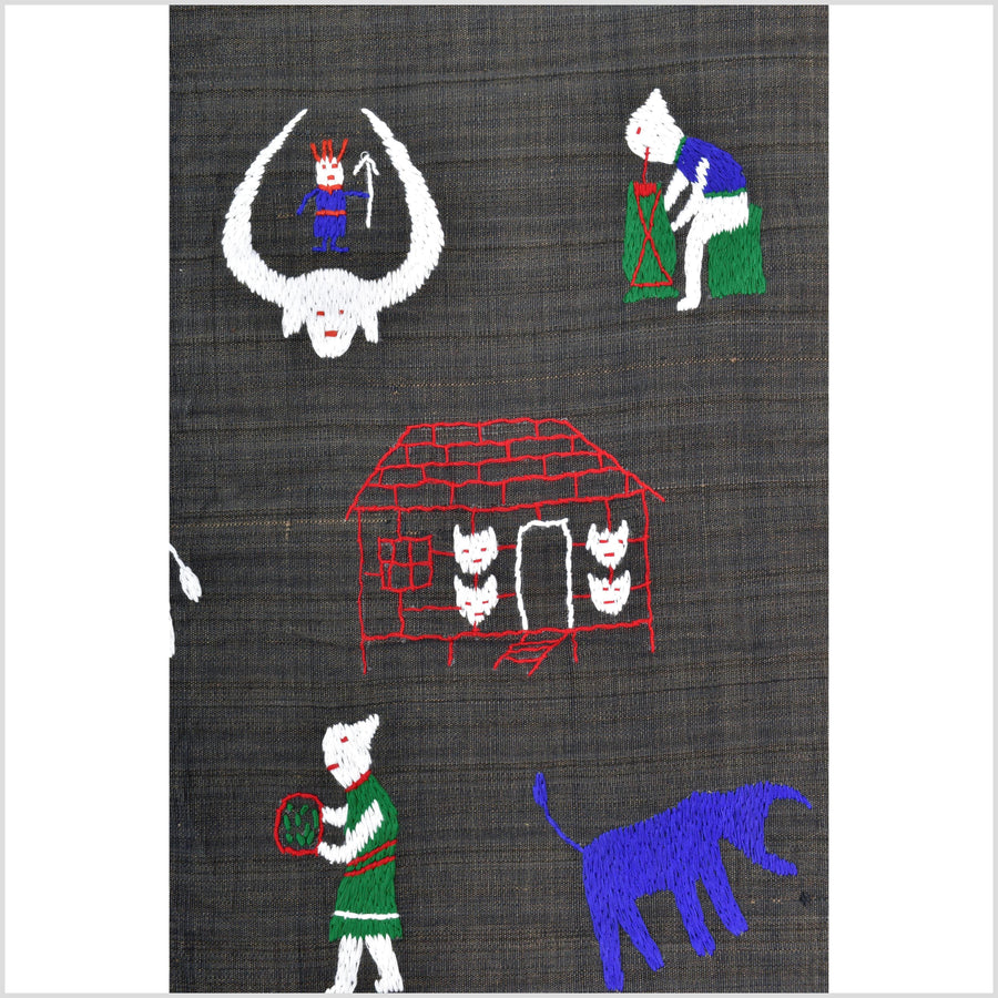 Striking black-brown cotton story quilt Naga tribal textile ethnic embroidered boho fabric Burma hill tribe tapestry Thai India ii119