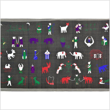 Striking black-brown cotton story quilt Naga tribal textile ethnic embroidered boho fabric Burma hill tribe tapestry Thai India ii119