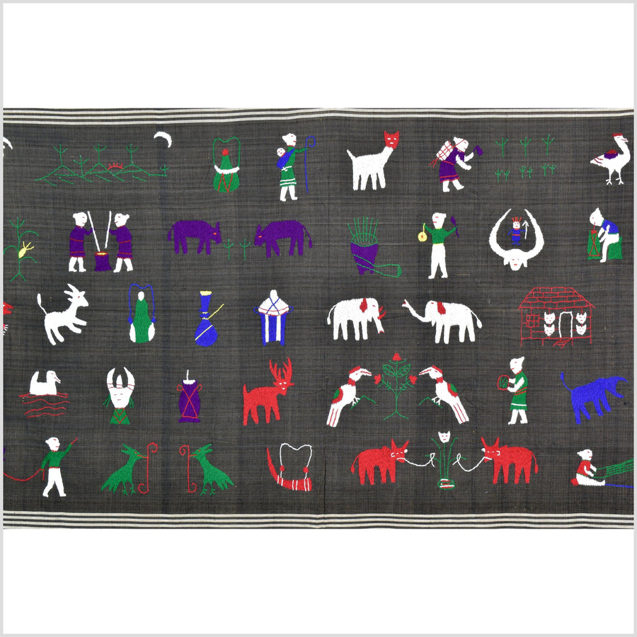 Striking black-brown cotton story quilt Naga tribal textile ethnic embroidered boho fabric Burma hill tribe tapestry Thai India ii119