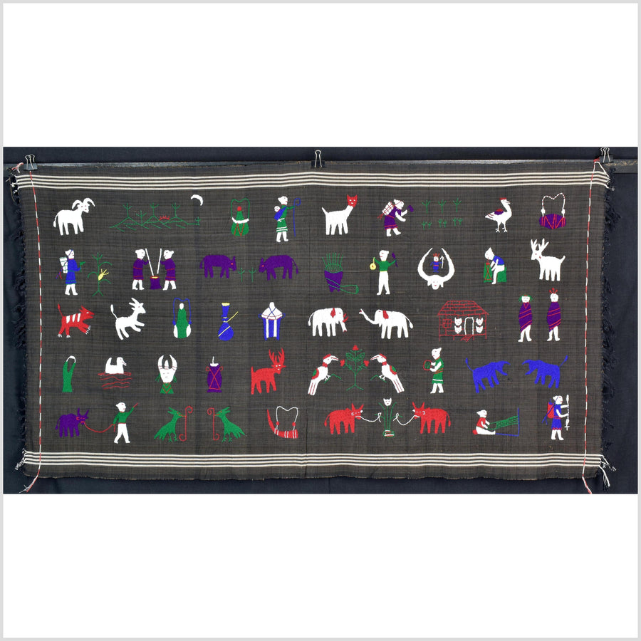 Striking black-brown cotton story quilt Naga tribal textile ethnic embroidered boho fabric Burma hill tribe tapestry Thai India ii119