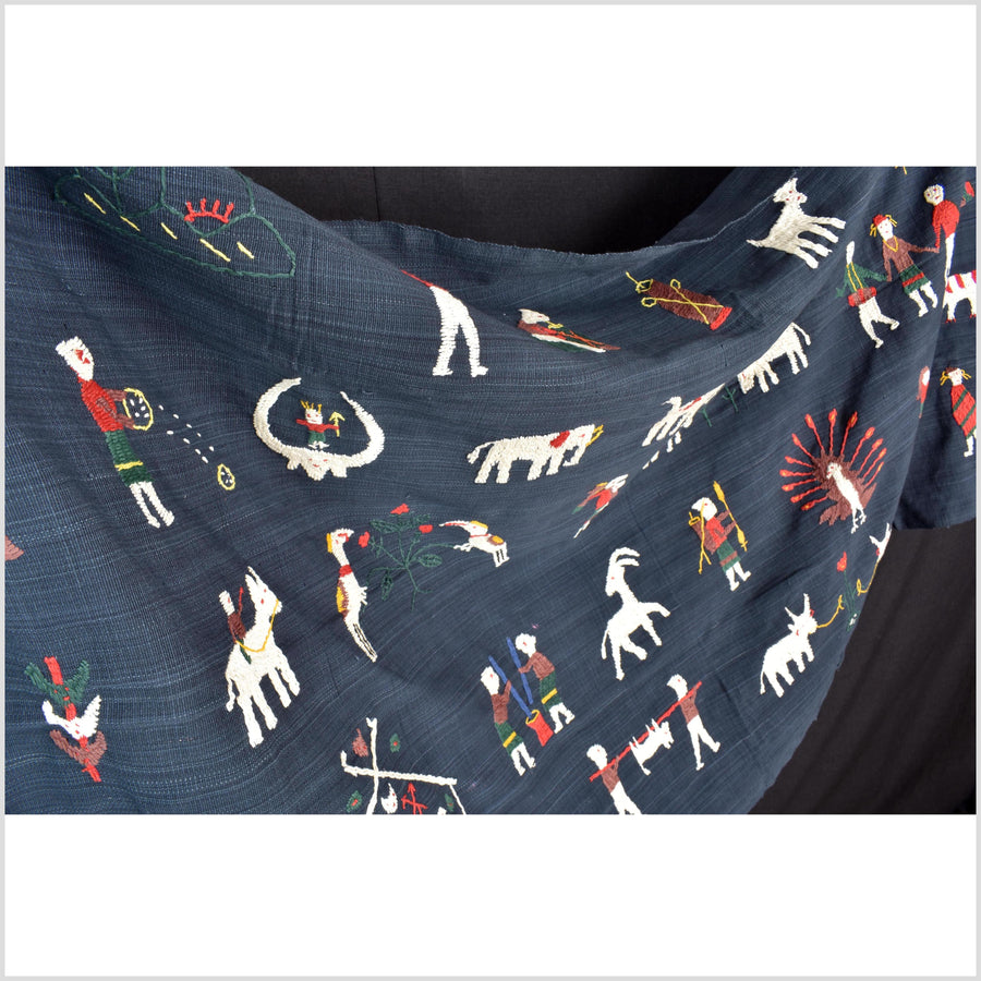 Dark marine blue cotton story quilt Naga tribal textile ethnic embroidered boho fabric Burma hill tribe tapestry Thailand India Hmong II120