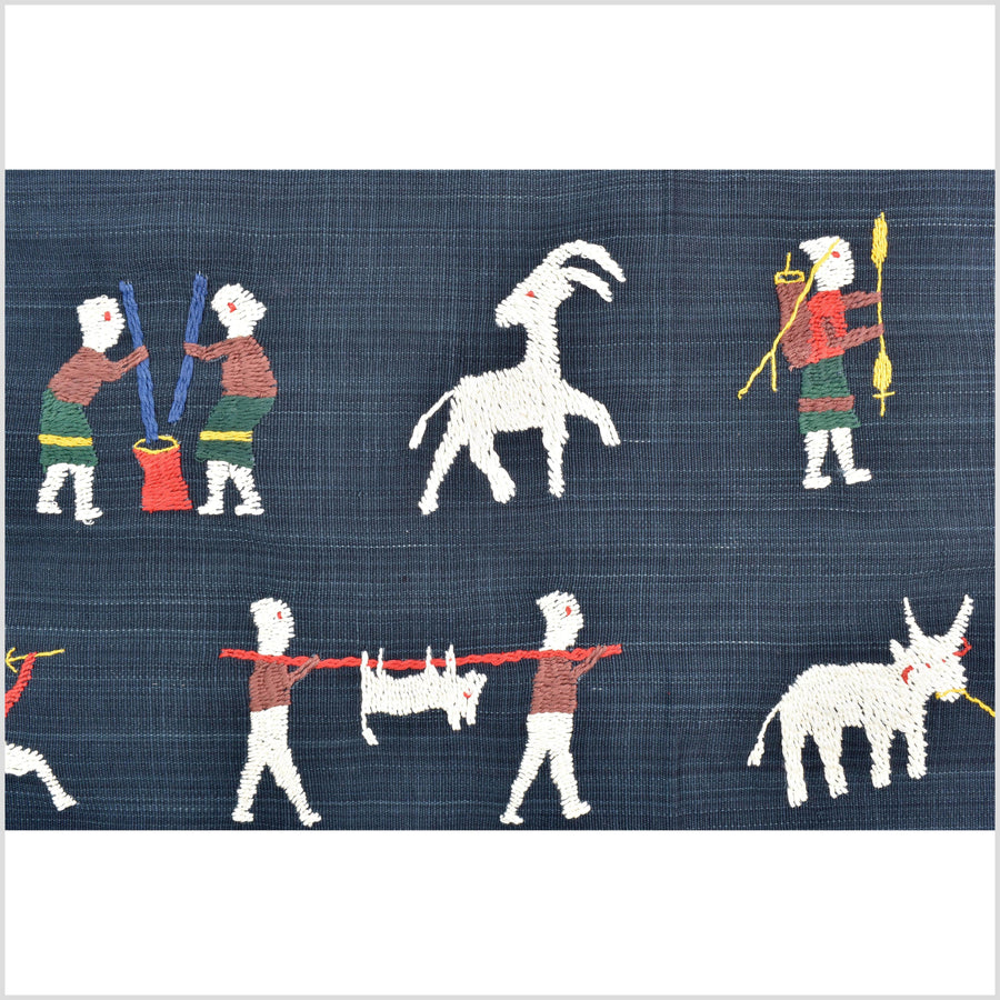 Dark marine blue cotton story quilt Naga tribal textile ethnic embroidered boho fabric Burma hill tribe tapestry Thailand India Hmong II120
