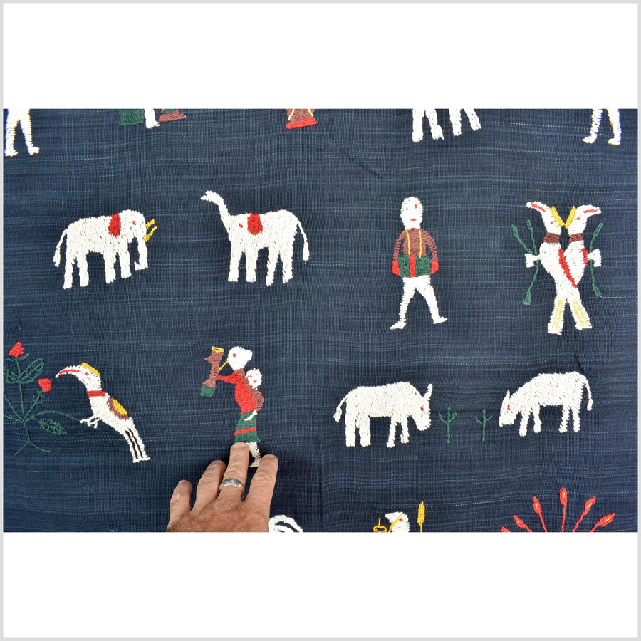 Dark marine blue cotton story quilt Naga tribal textile ethnic embroidered boho fabric Burma hill tribe tapestry Thailand India Hmong II120