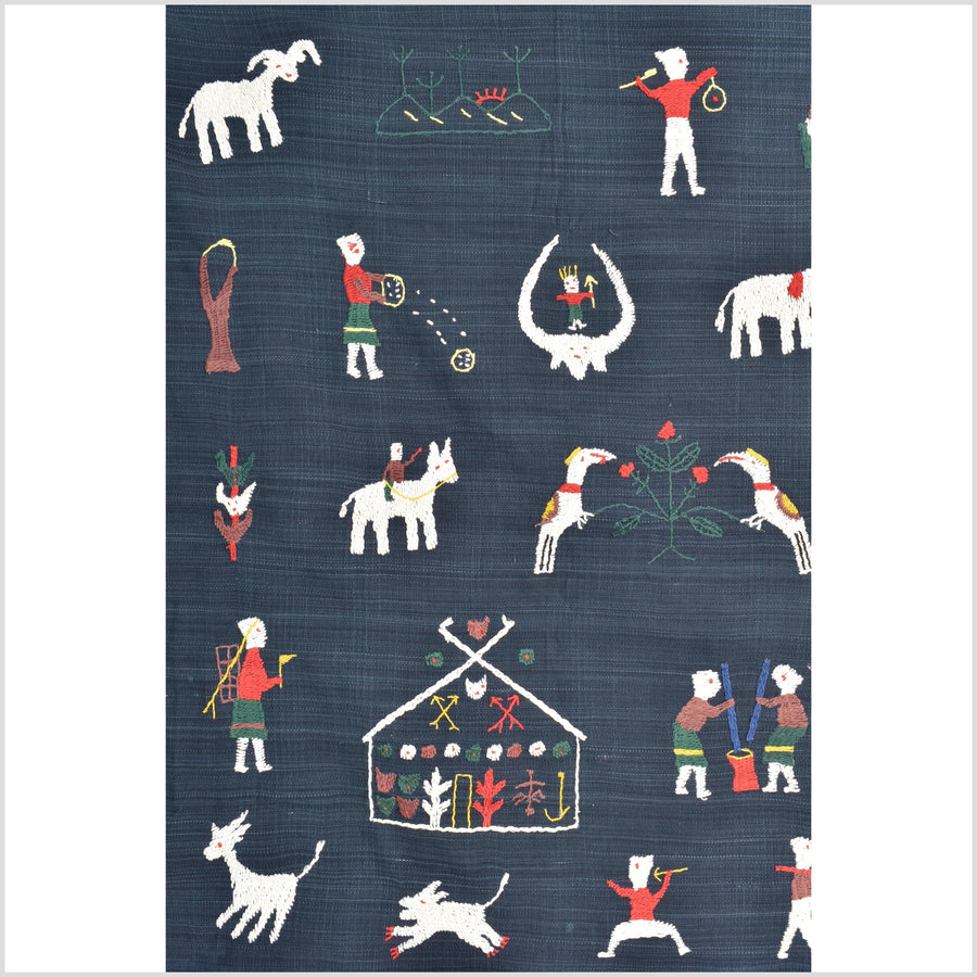Dark marine blue cotton story quilt Naga tribal textile ethnic embroidered boho fabric Burma hill tribe tapestry Thailand India Hmong II120