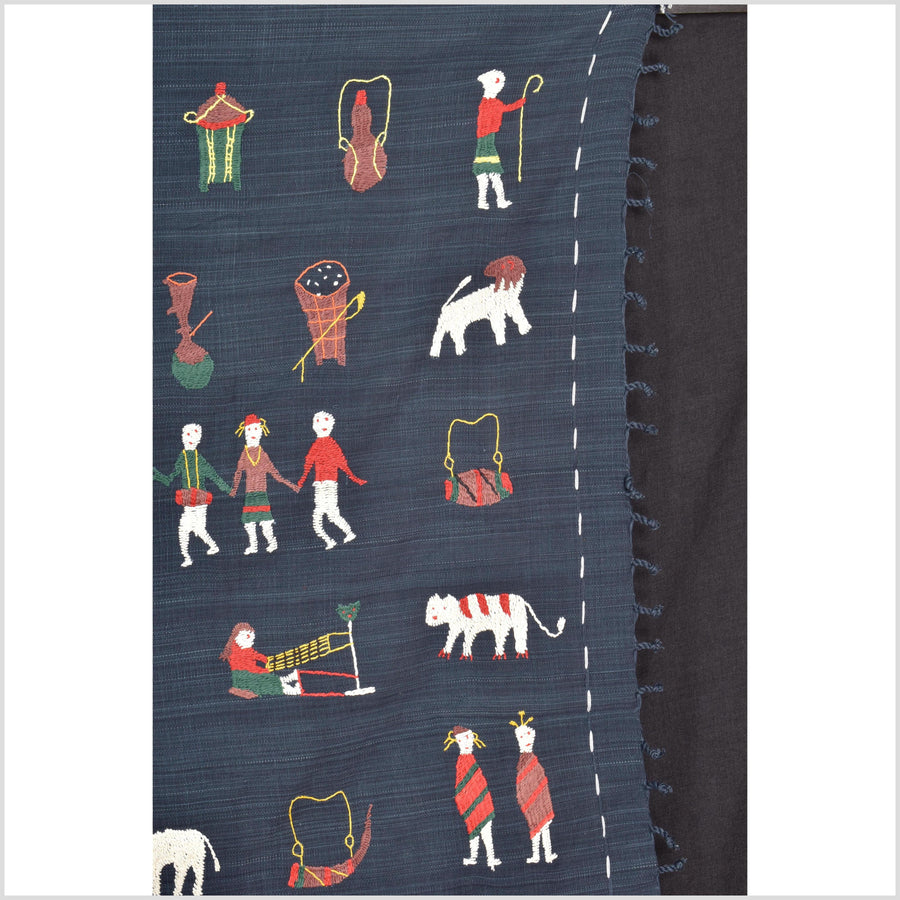 Dark marine blue cotton story quilt Naga tribal textile ethnic embroidered boho fabric Burma hill tribe tapestry Thailand India Hmong II120