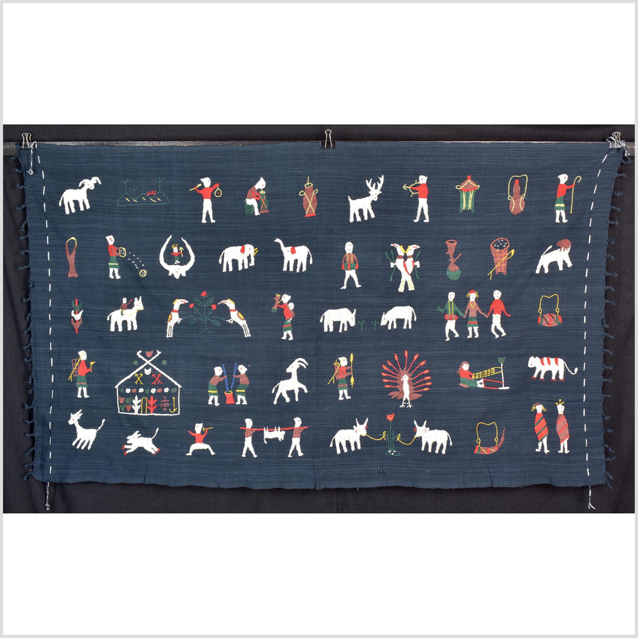 Dark marine blue cotton story quilt Naga tribal textile ethnic embroidered boho fabric Burma hill tribe tapestry Thailand India Hmong II120
