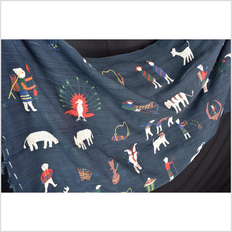 Rich marine blue cotton story quilt Naga tribal textile ethnic embroidered boho fabric Burma hill tribe tapestry Thailand India Hmong II121