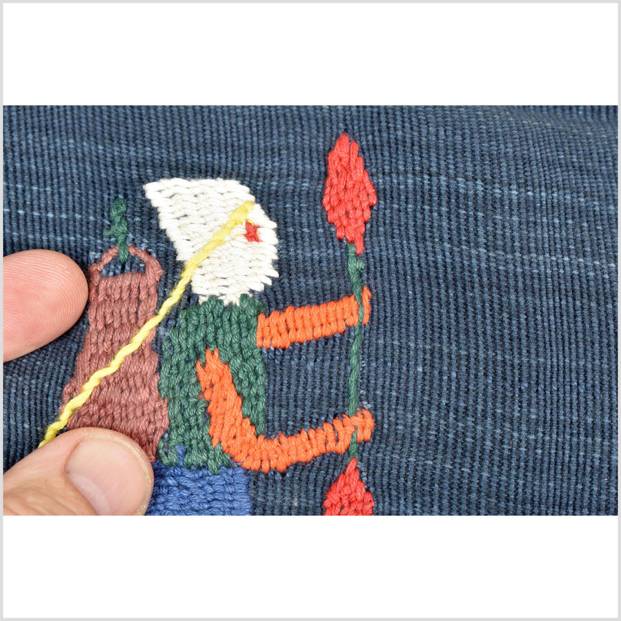 Rich marine blue cotton story quilt Naga tribal textile ethnic embroidered boho fabric Burma hill tribe tapestry Thailand India Hmong II121