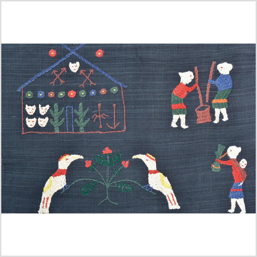 Rich marine blue cotton story quilt Naga tribal textile ethnic embroidered boho fabric Burma hill tribe tapestry Thailand India Hmong II121