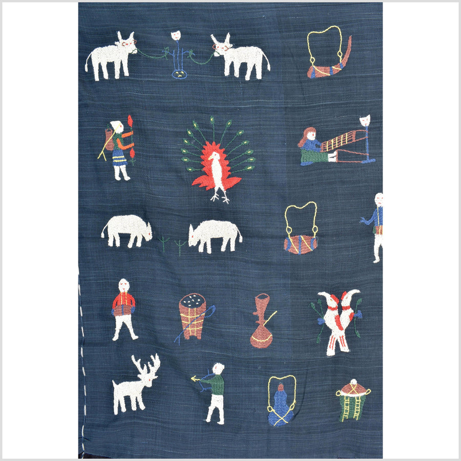 Rich marine blue cotton story quilt Naga tribal textile ethnic embroidered boho fabric Burma hill tribe tapestry Thailand India Hmong II121