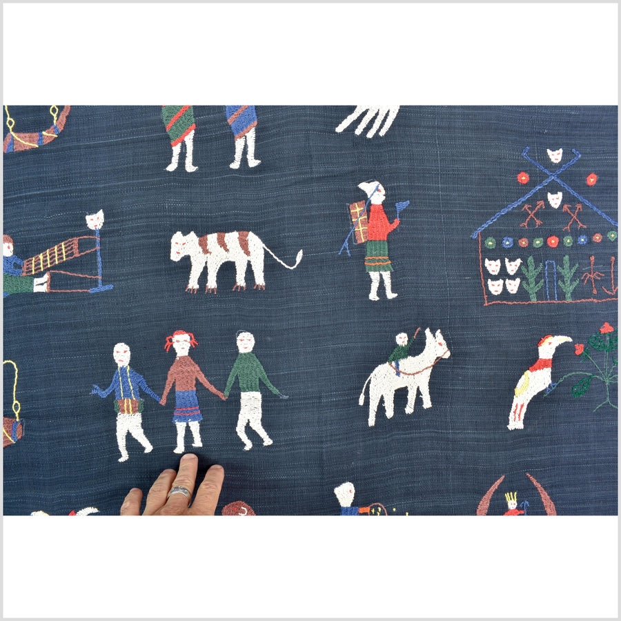 Rich marine blue cotton story quilt Naga tribal textile ethnic embroidered boho fabric Burma hill tribe tapestry Thailand India Hmong II121