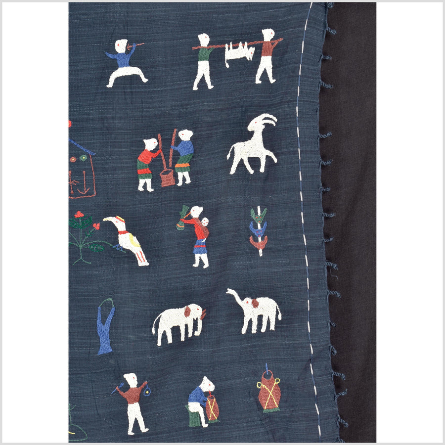Rich marine blue cotton story quilt Naga tribal textile ethnic embroidered boho fabric Burma hill tribe tapestry Thailand India Hmong II121
