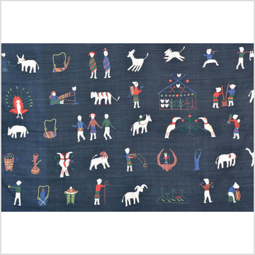Rich marine blue cotton story quilt Naga tribal textile ethnic embroidered boho fabric Burma hill tribe tapestry Thailand India Hmong II121