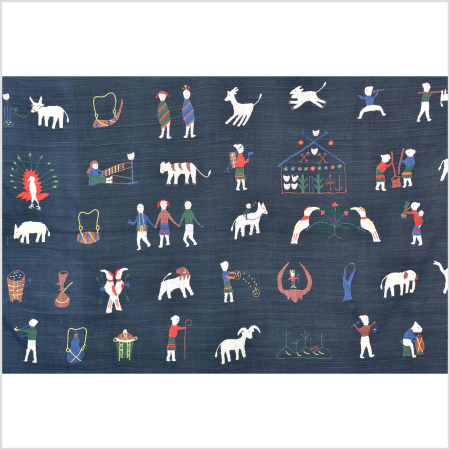 Rich marine blue cotton story quilt Naga tribal textile ethnic embroidered boho fabric Burma hill tribe tapestry Thailand India Hmong II121