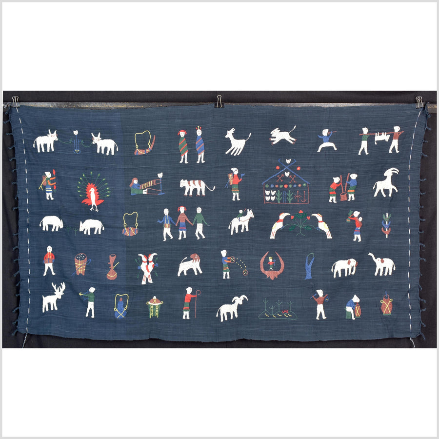 Rich marine blue cotton story quilt Naga tribal textile ethnic embroidered boho fabric Burma hill tribe tapestry Thailand India Hmong II121