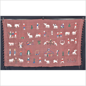 Plum brown cotton story quilt Naga tribal textile ethnic embroidered boho fabric Burma hill tribe tapestry Thailand India Hmong II122