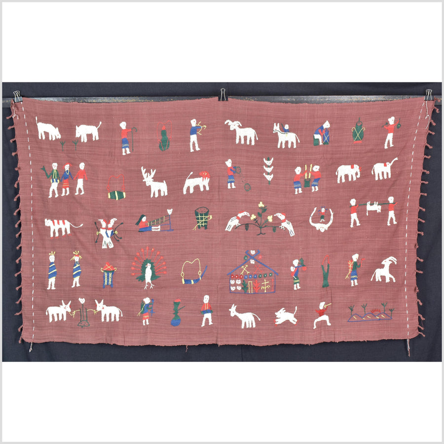 Plum brown cotton story quilt Naga tribal textile ethnic embroidered boho fabric Burma hill tribe tapestry Thailand India Hmong II122