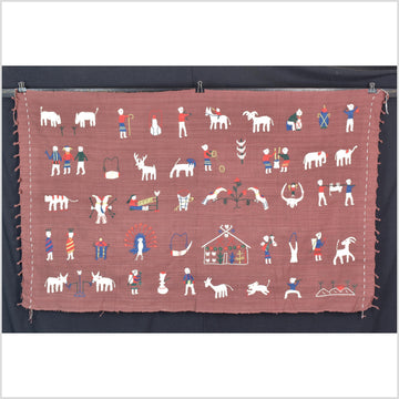 Plum brown cotton story quilt Naga tribal textile ethnic embroidered boho fabric Burma hill tribe tapestry Thailand India Hmong II123