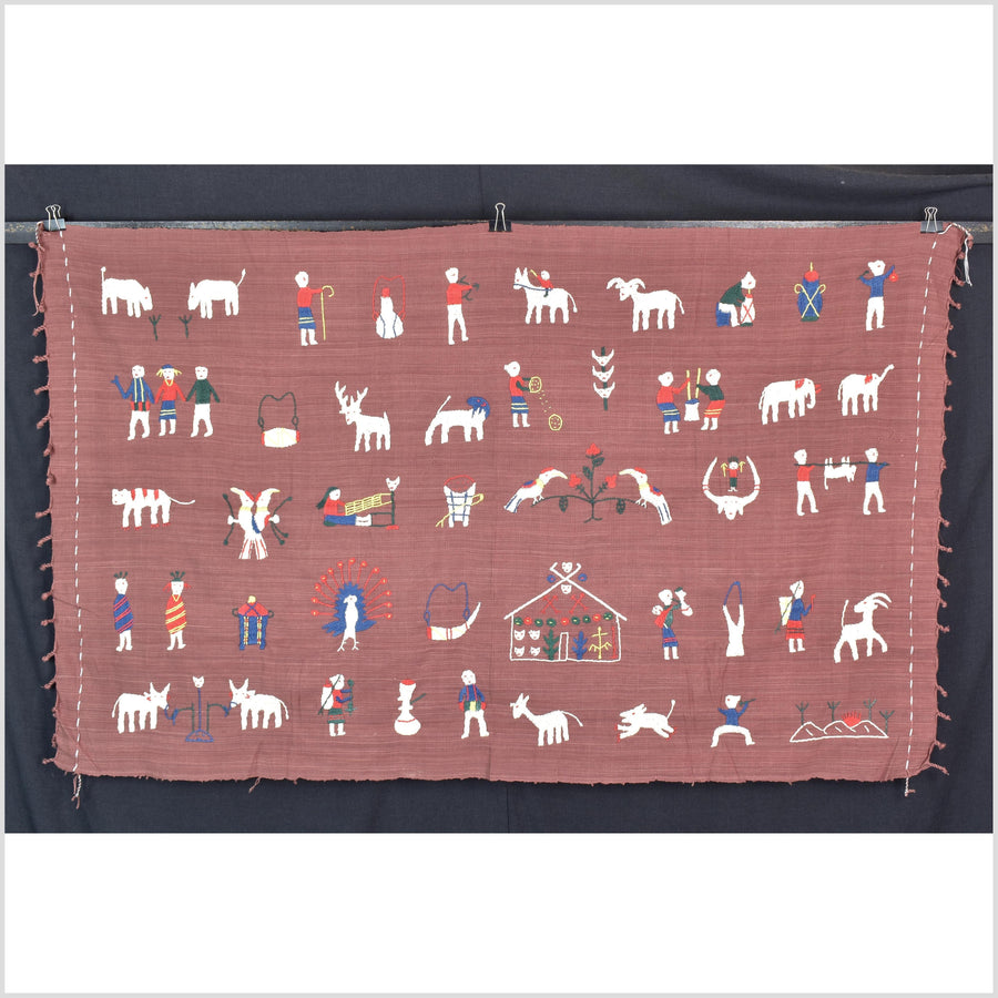 Plum brown cotton story quilt Naga tribal textile ethnic embroidered boho fabric Burma hill tribe tapestry Thailand India Hmong II123