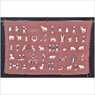 Plum brown cotton story quilt Naga tribal textile ethnic embroidered boho fabric Burma hill tribe tapestry Thailand India Hmong II124