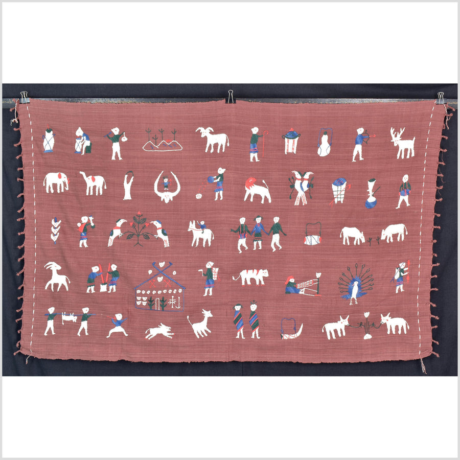 Plum brown cotton story quilt Naga tribal textile ethnic embroidered boho fabric Burma hill tribe tapestry Thailand India Hmong II124