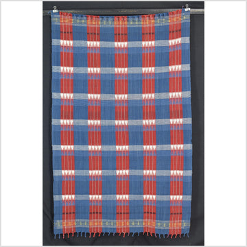 Handsome blue red white geometric Naga tribal textile, ethnic embroidered boho fabric Burma hill tribe tapestry Thailand India Hmong II125