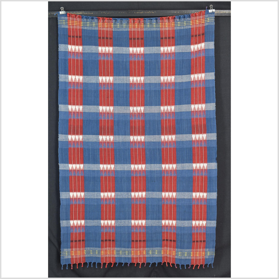 Handsome blue red white geometric Naga tribal textile, ethnic embroidered boho fabric Burma hill tribe tapestry Thailand India Hmong II125