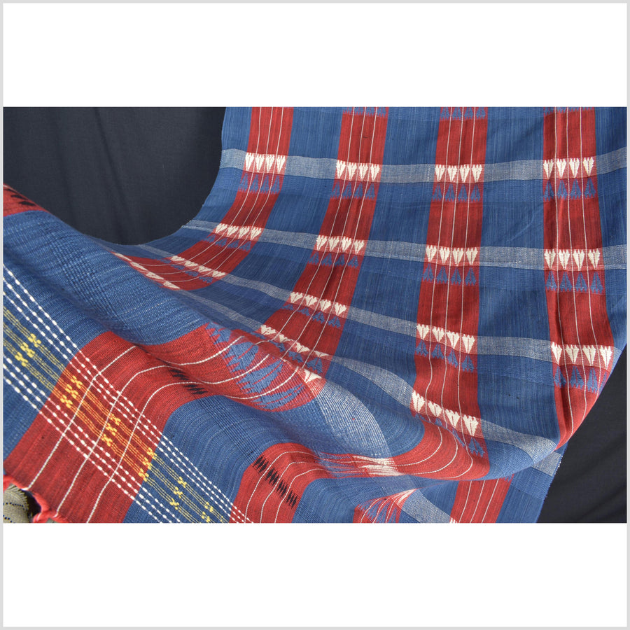 Handsome blue red white geometric Naga tribal textile, ethnic embroidered boho fabric Burma hill tribe tapestry Thailand India Hmong II125
