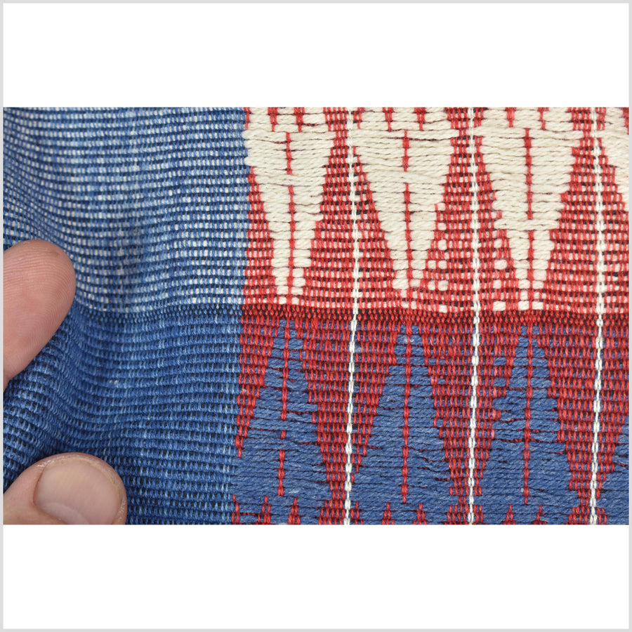Handsome blue red white geometric Naga tribal textile, ethnic embroidered boho fabric Burma hill tribe tapestry Thailand India Hmong II125