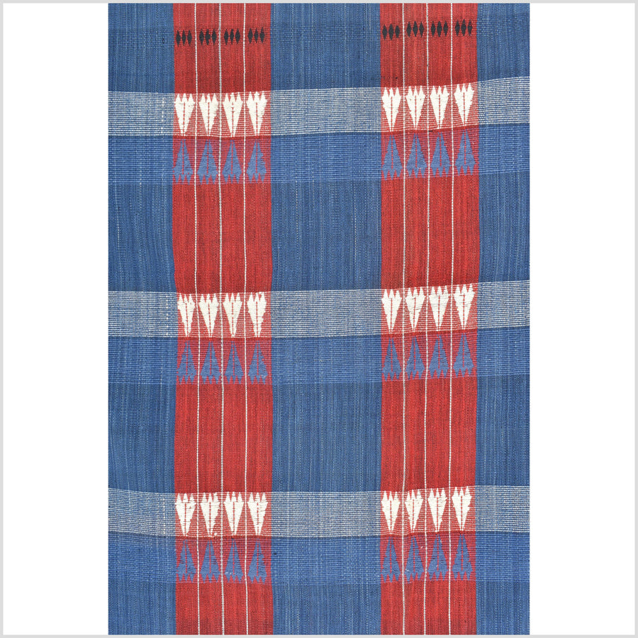 Handsome blue red white geometric Naga tribal textile, ethnic embroidered boho fabric Burma hill tribe tapestry Thailand India Hmong II125