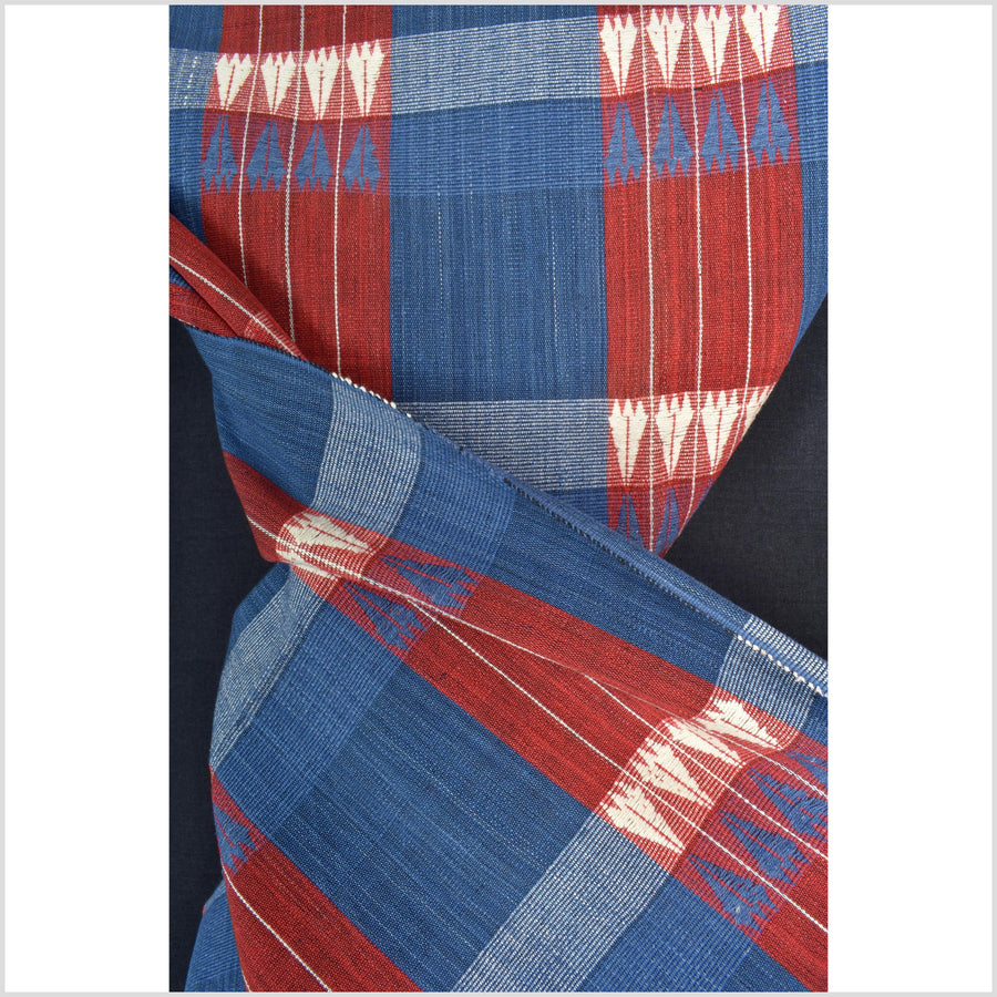 Handsome blue red white geometric Naga tribal textile, ethnic embroidered boho fabric Burma hill tribe tapestry Thailand India Hmong II125